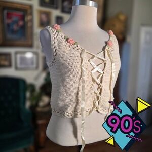 Vintage 90s Styleworks Crochet Lace Up Crop Top Vest Cream Rose Cottagecore